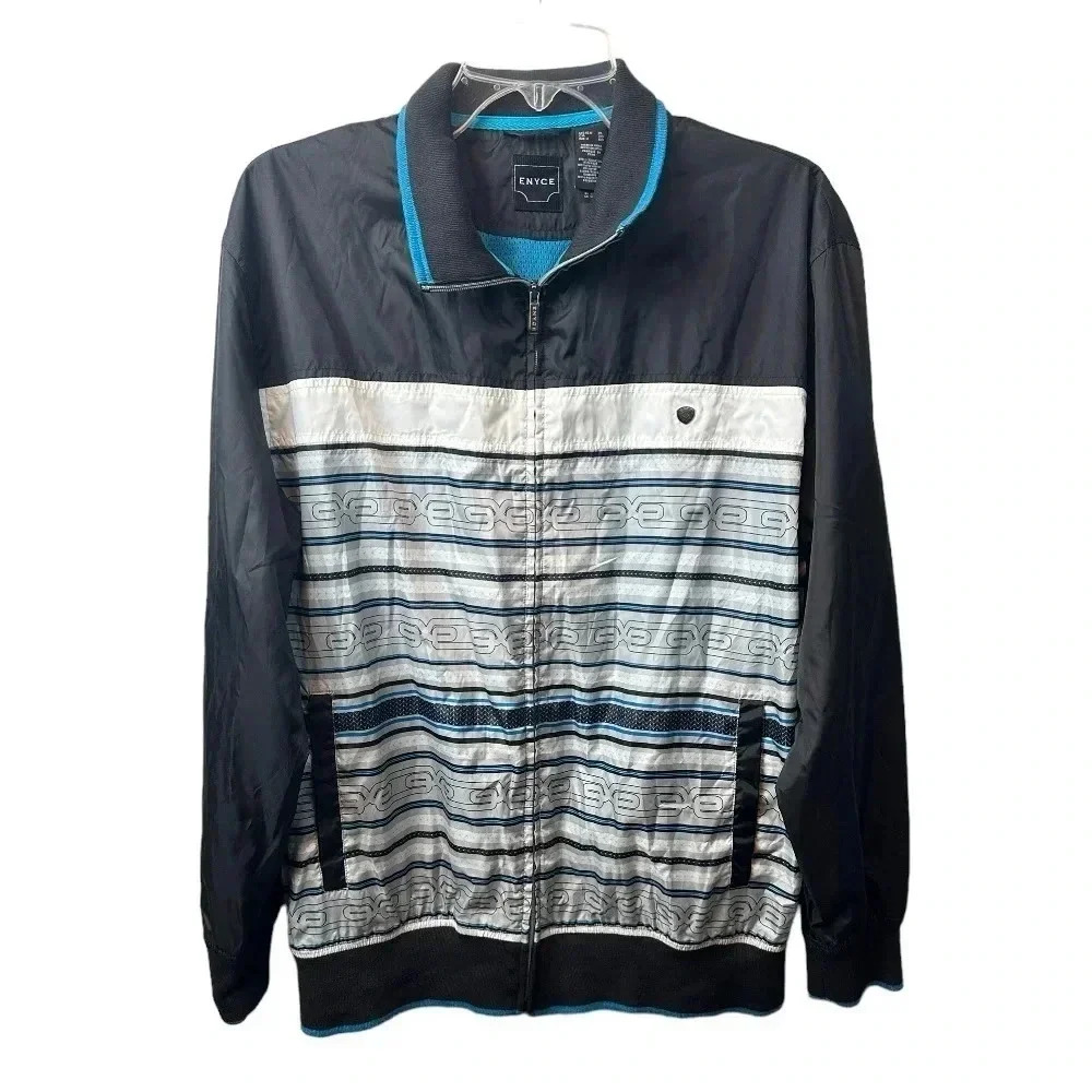Vintage Enyce Jacket Mens XL Black‎ White Blue Striped Windbreaker Y2K